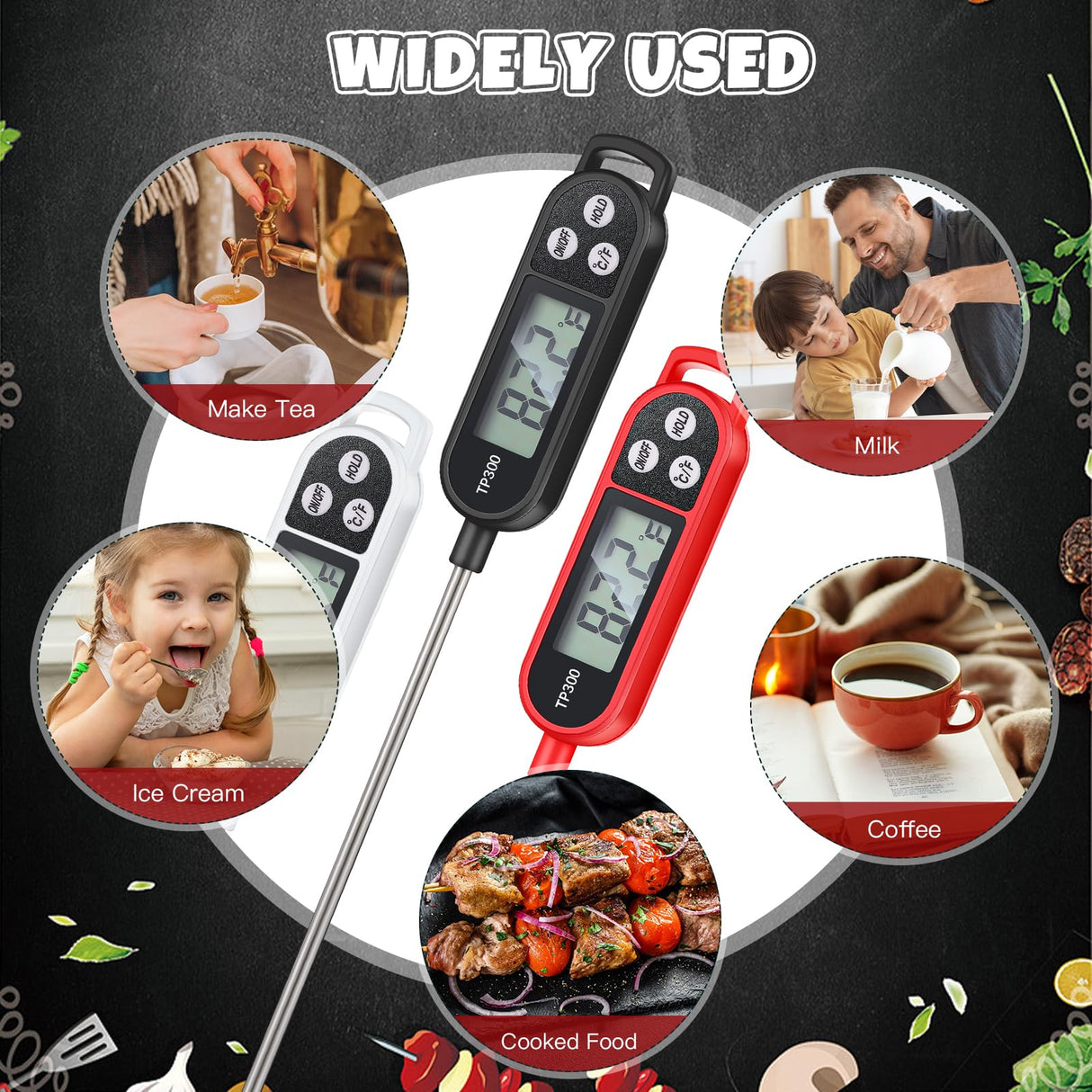 Copkim Waterproof Food Thermometer with Long Probe Digital Meat Thermometer for Water, Liquid, Candle and Cooking Instant Read for Kitchen BBQ Grill Candy(Black,White,Red) Copkim