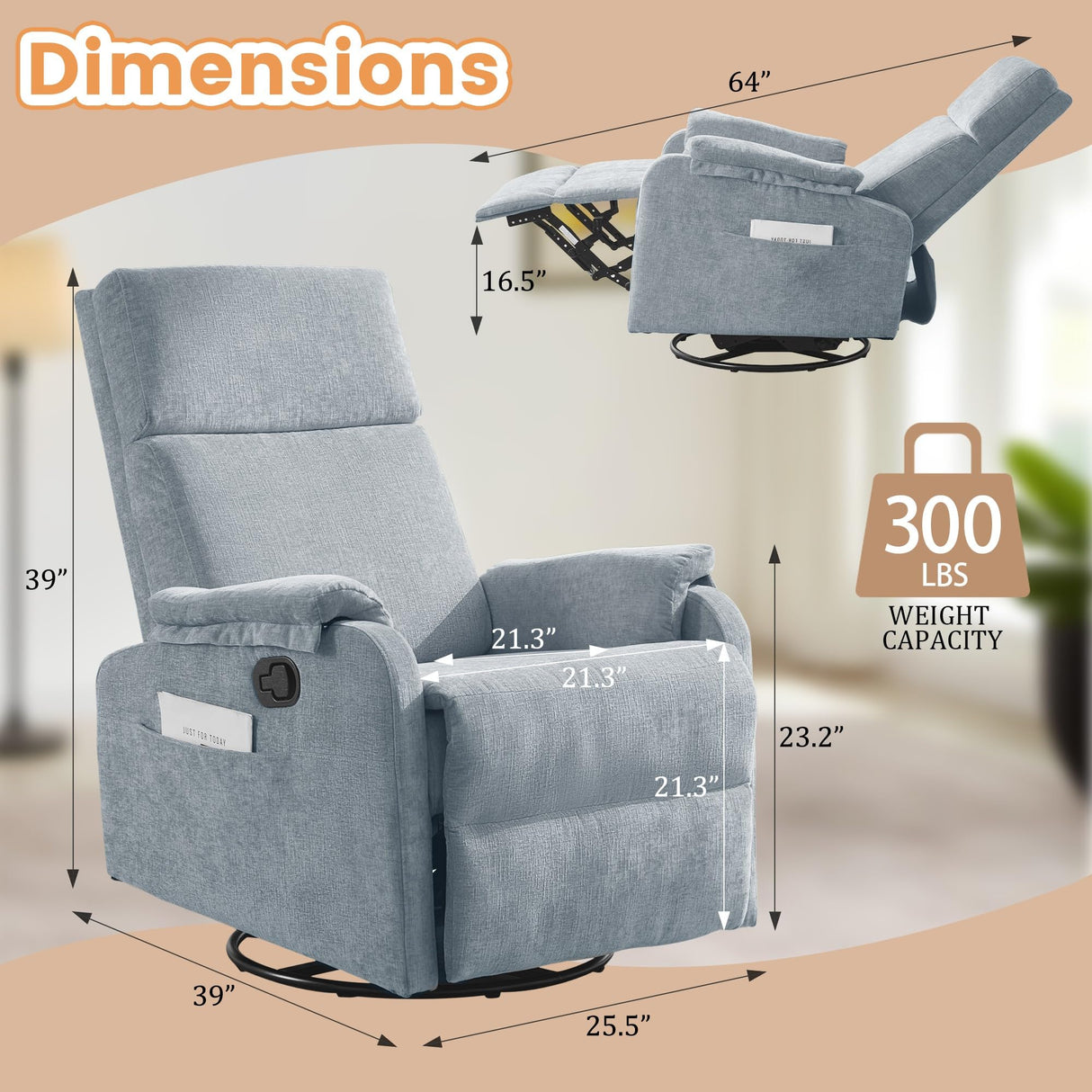 Korser Recliner Chairs, Swivel Rocking Recliner Chair for Adults, Glider Rocking Chair, Small Nursery Chair Recliner for Living Room, Reclining with Modern-Designed Armrests, Chenille, Blue Korser