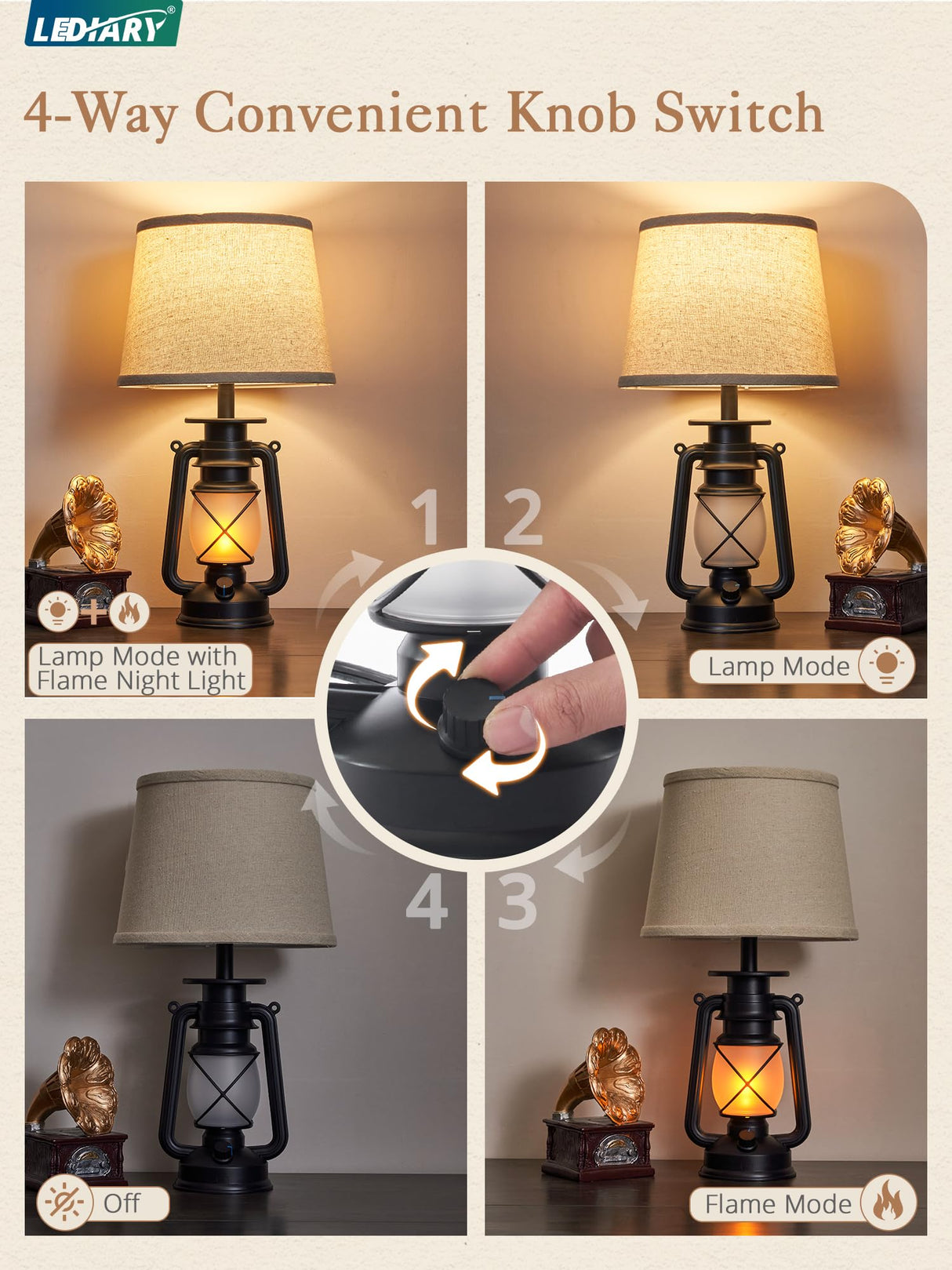LEDIARY 18.72" Black LED Lantern Flickering Flame Table Lamps for Bedrooms Set of 2, Small Farmhouse Rustic End Table Lamps, Halloween Decorative Lantern Bedside Lamps for Living Room LEDIARY