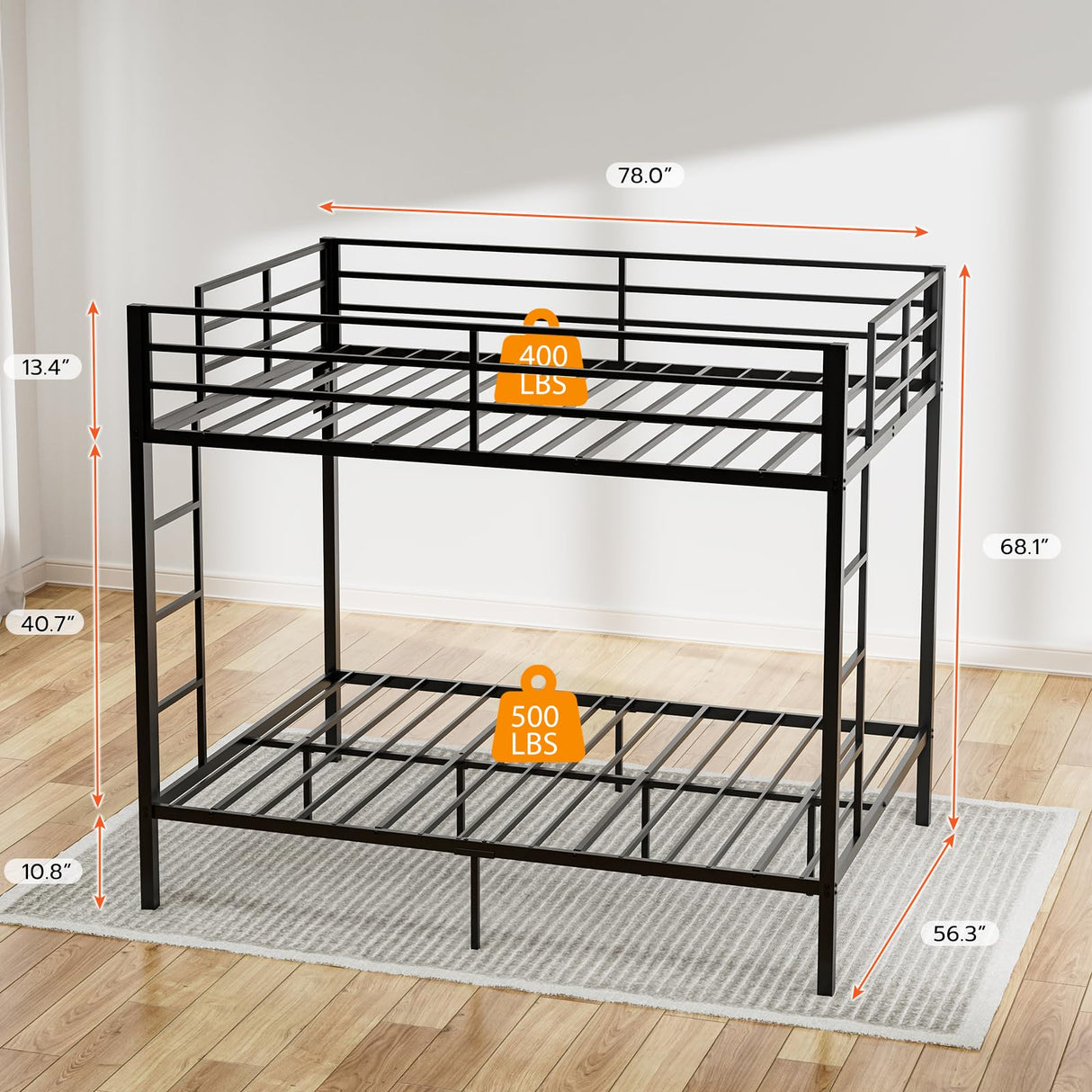 IKIFLY Full Over Full Bunk Beds with LED Lights and Charging Station, Heavy Duty Metal Full Size Bunk Bed Frame, Safety Guardrail & 2 Ladders, Space-Saving Design, No Box Spring Needed, Black IKIFLY