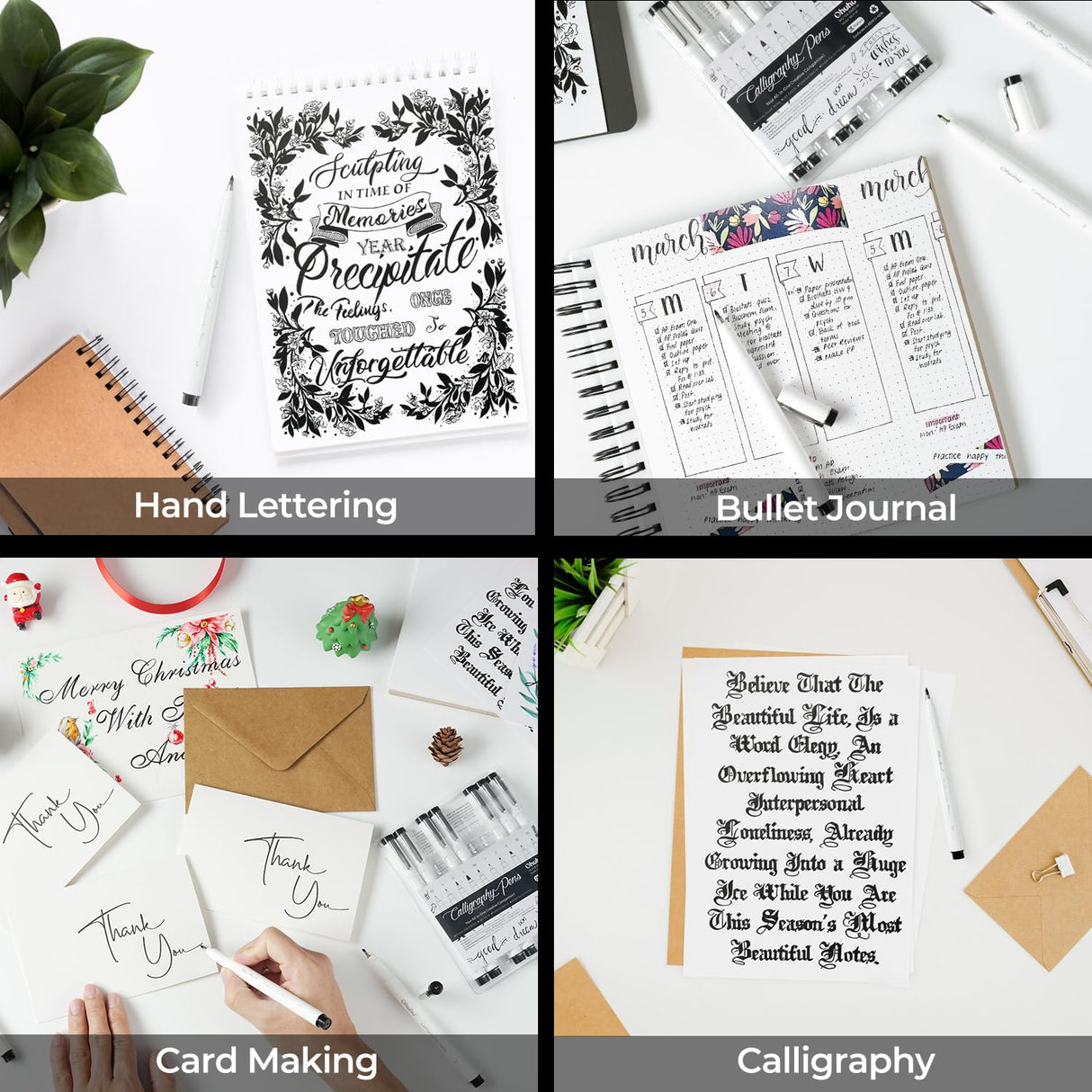 Ohuhu Calligraphy Pens, Brush Chisel Fine 10 Size Tips Pigment Black Ink Hand Lettering Pens Calligraphy Brush Markers for Beginner Handwriting Cardmaking Sketching Drawing Illustration Bullet Journal Ohuhu