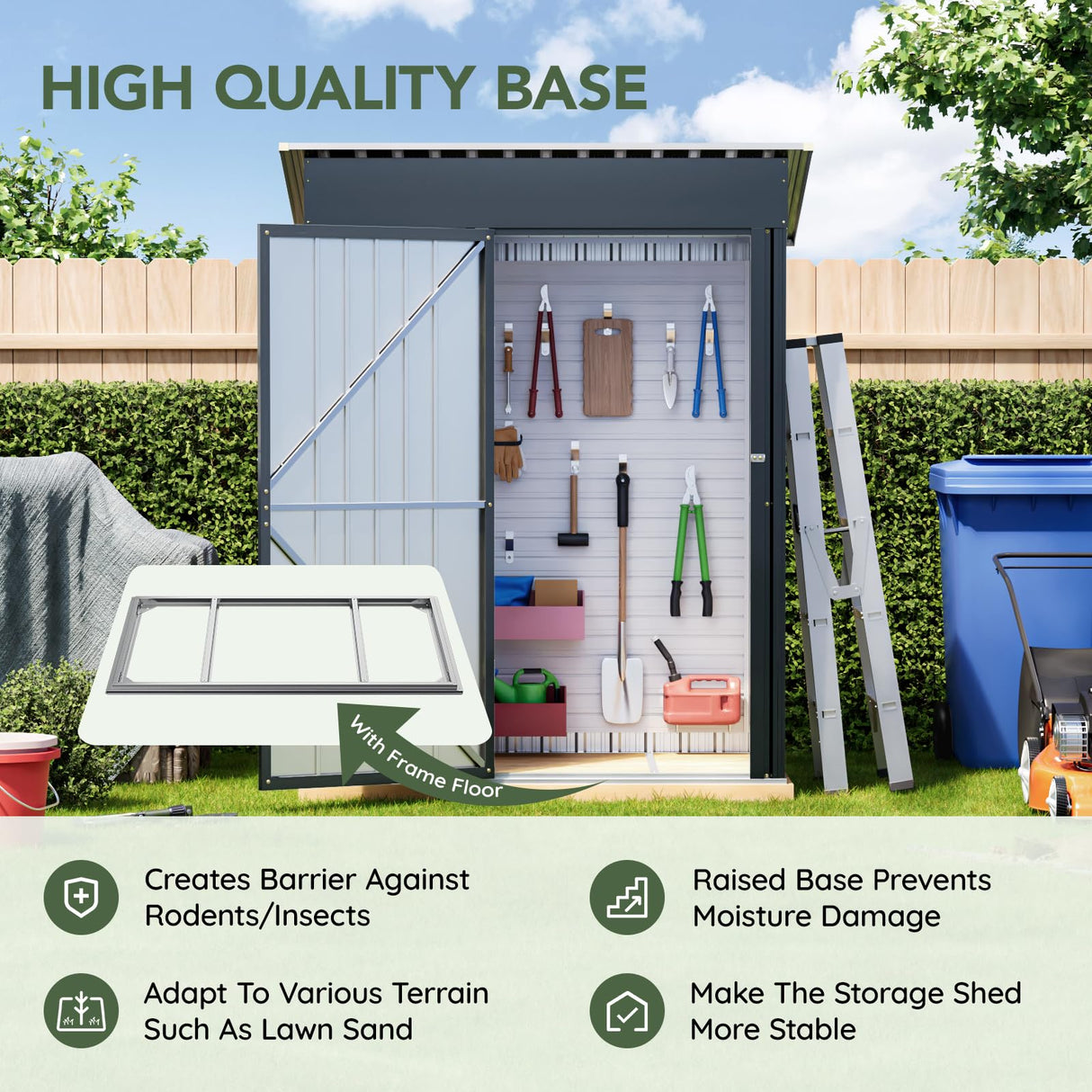 Grovellis 3x5 FT Outdoor Metal Storage Shed with Floor Frame, Single Door, 1 Clear Window, Tool Shed for Garden, Patio, Backyard Grovellis