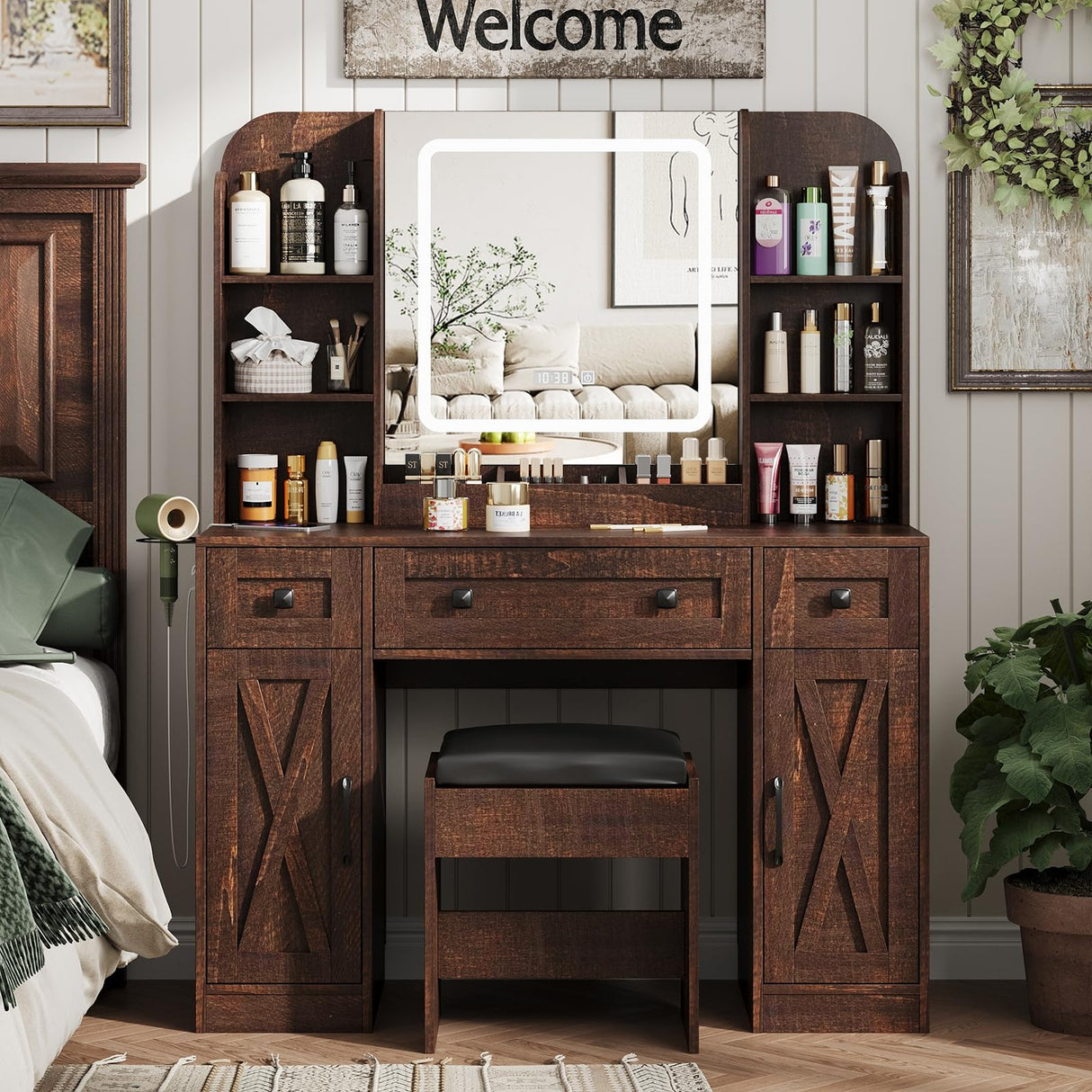 Vabches Makeup Vanity Desk, Vanity Mirror with Lights Desk and Chair,Makeup Table with 3 Large Drawers and 2 Cabinets, Time and Temperature Display, 3 LED Lighting Modes Adjustable, Brown Vabches