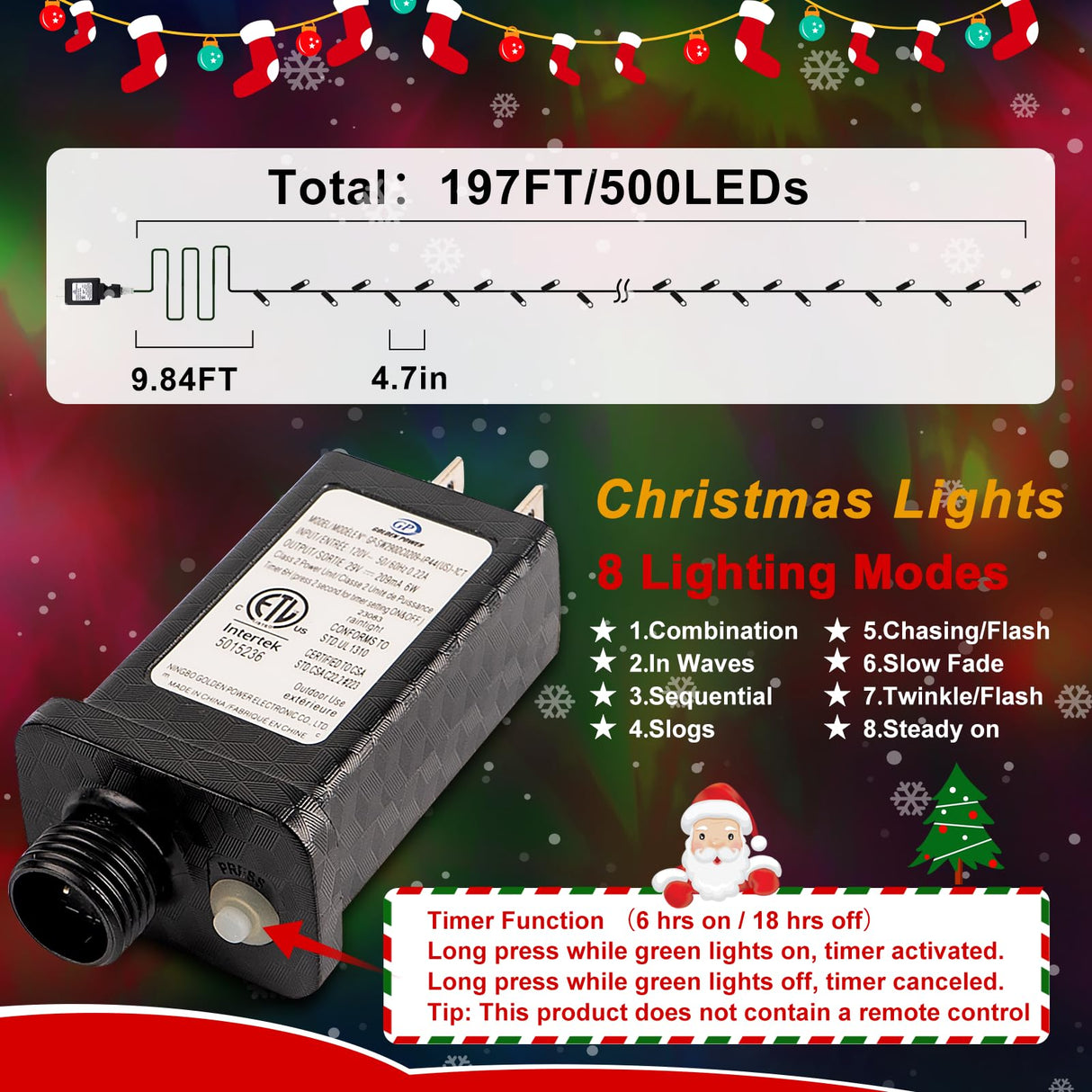 197FT 500 LED Christmas String Lights Outdoor with 8 Modes Timer Memory Function Waterproof Fairy Lights Plug in for Party Xmas Tree Yard Wedding Outside Indoor Decorations(Cold White) SAUIRS