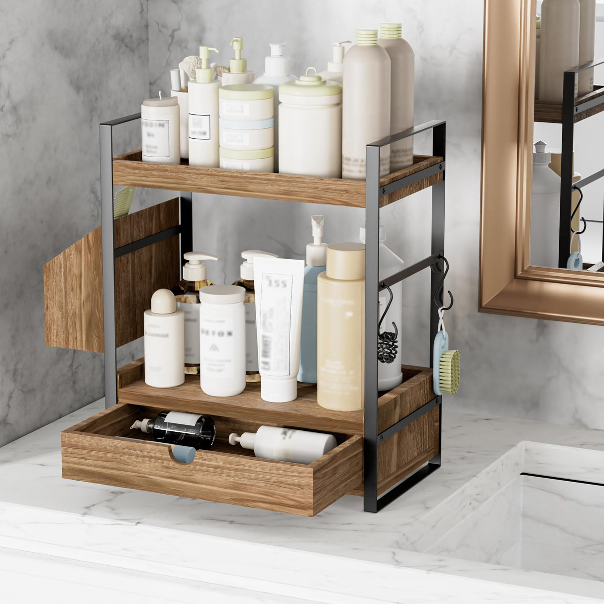 Aollewoiti 2-Tier Bathroom Counter Organizer with Drawer and Basket, Wood Countertop Organizer for Storage, Skincare Organizers for Vanity, Counter Shelf for Bathroom Organization(Dark Brown) Aollewoiti