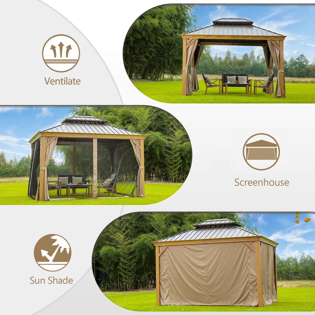Domi Outdoor Living 10’x12’ Hardtop Gazebo, Wooden Coated Aluminum Frame Canopy with Galvanized Steel Double Roof, Outdoor Permanent Metal Pavilion with Curtains and Netting for Patio, Deck and Lawn domi outdoor living