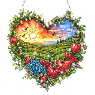 Bowetile Heart Shape Diamond Art Hanging Fruit Kits for Adults, 5D Special Shape Diamond Painting Landscape Window Pendant Kits, Gem Art Suncatchers Ornament for Home Garden Wall Decor