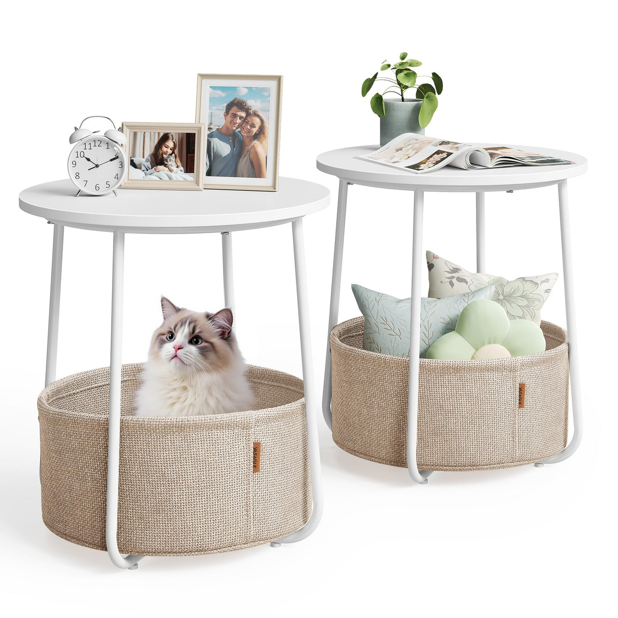 VASAGLE Nightstands, Set of 2 Small Round Side Tables with Fabric Basket, Bedside End Tables, for Bedroom, Matte White and Camel Brown ULCT665W01 VASAGLE