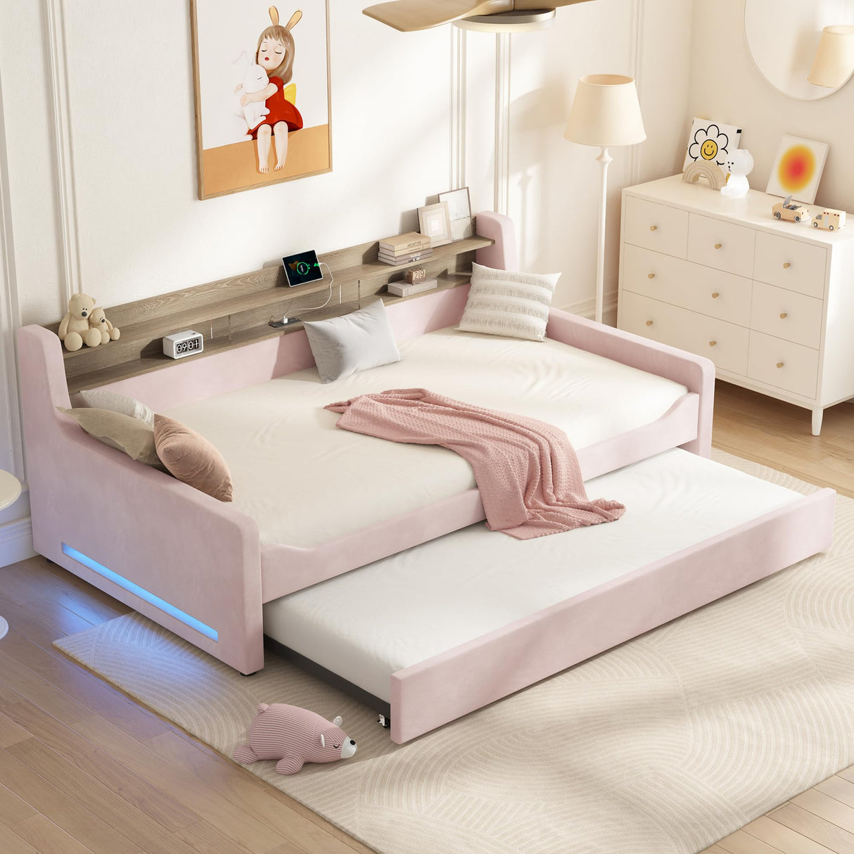 Jocisland Twin Daybed with Trundle, Upholstered Day Bed with Storage Headboard & Charging Station, LED Corner Bed Frame Furniture for Bedroom/Living Room/Guest Room,No Box Spring Needed, Velvet Pink Jocisland