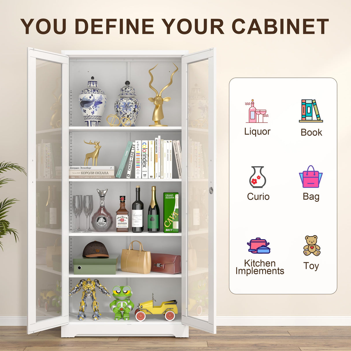 Glass Display Cabinet with Doors - White Metal Curio Cabinet with Lock Collectibles Storage Cabinet 71in Liquor Cabinet Retail Glass Display Cabinets with 4 Adjustable Shelves for Home Office TIMELESS PIECES
