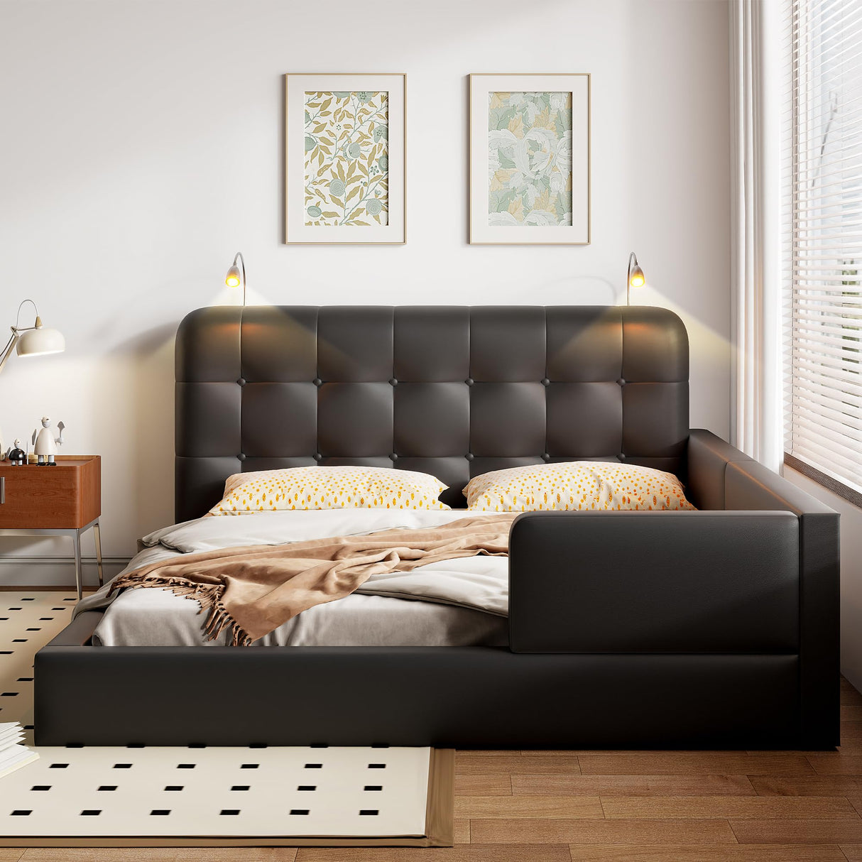 Merax Modern Tufted Plattform Bed with Headboard, Queen PU Leather Floor Day Bed Frame, No Box Spring Needed Black Merax