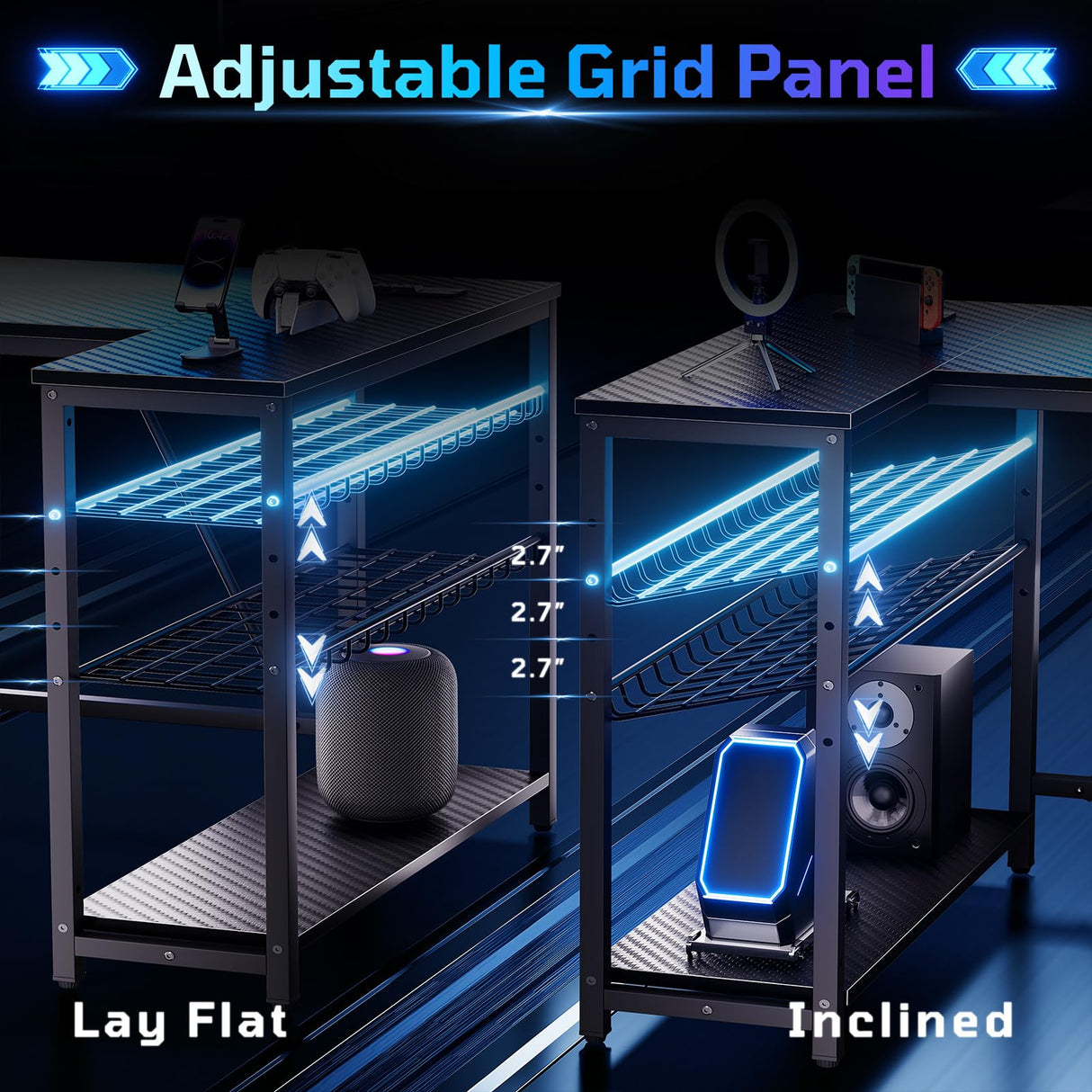 Bestier Gaming Desk with Power Outlets, 42" L-Shaped Gaming Desk with LED Lights, Desk with Reversible Storage Shelves & Hooks for Small Spaces, Bedrooms & Offices, Black Carbon Fiber Bestier