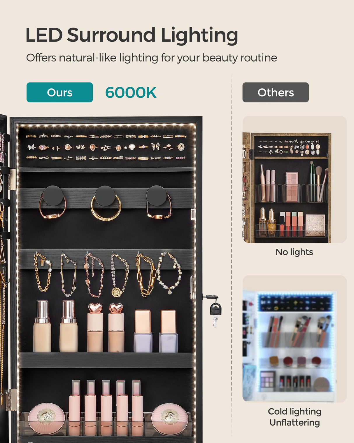 SONGMICS Mirror Jewelry Cabinet Armoire with Built-in LED Lights, Wall or Door Mounted Jewelry Storage Organizer, 3.8 x 14.6 x 26.4 Inches Hanging Mirror Cabinet, Gift Idea, Black UJJC050B01 SONGMICS