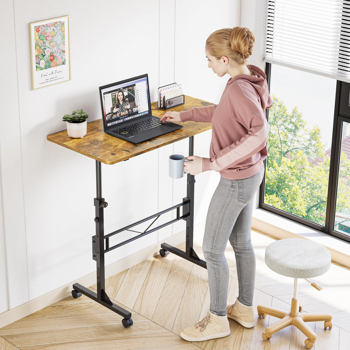 HOMIDEC Standing Desk, 32 Inch Portable Small Desk Adjustable Height, Rolling Home Office Desks with Wheels, Sit Stand Desk for Bedroom Walking Pad Home Office Small Space, Rustic HOMIDEC
