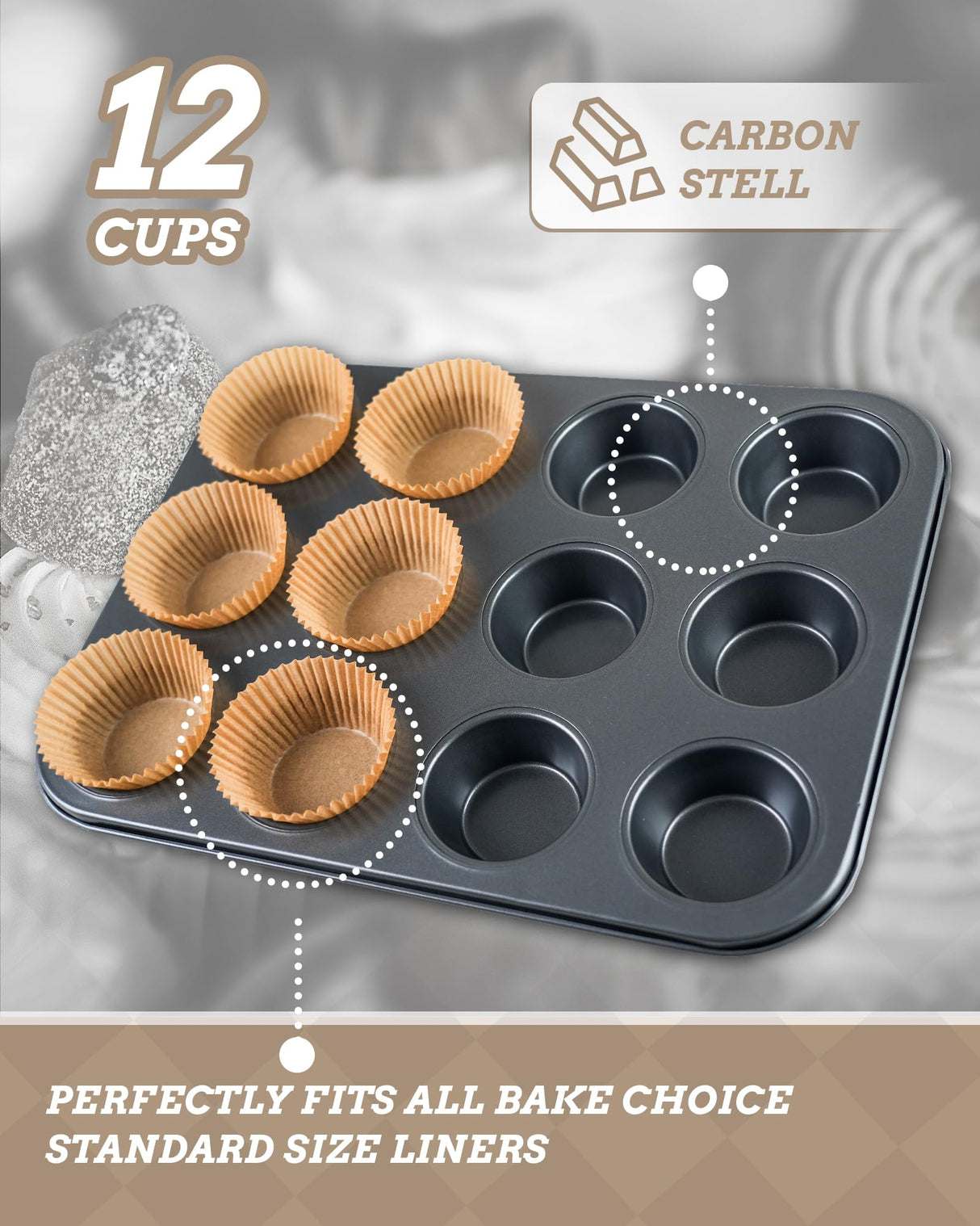 Bake Choice Muffin Top Pan includes 100 Natural Cupcake Liners, Cupcake Pans Nonstick 12 Cup, Muffin Tin, Carbon Steel Baking Supplies Bake Choice