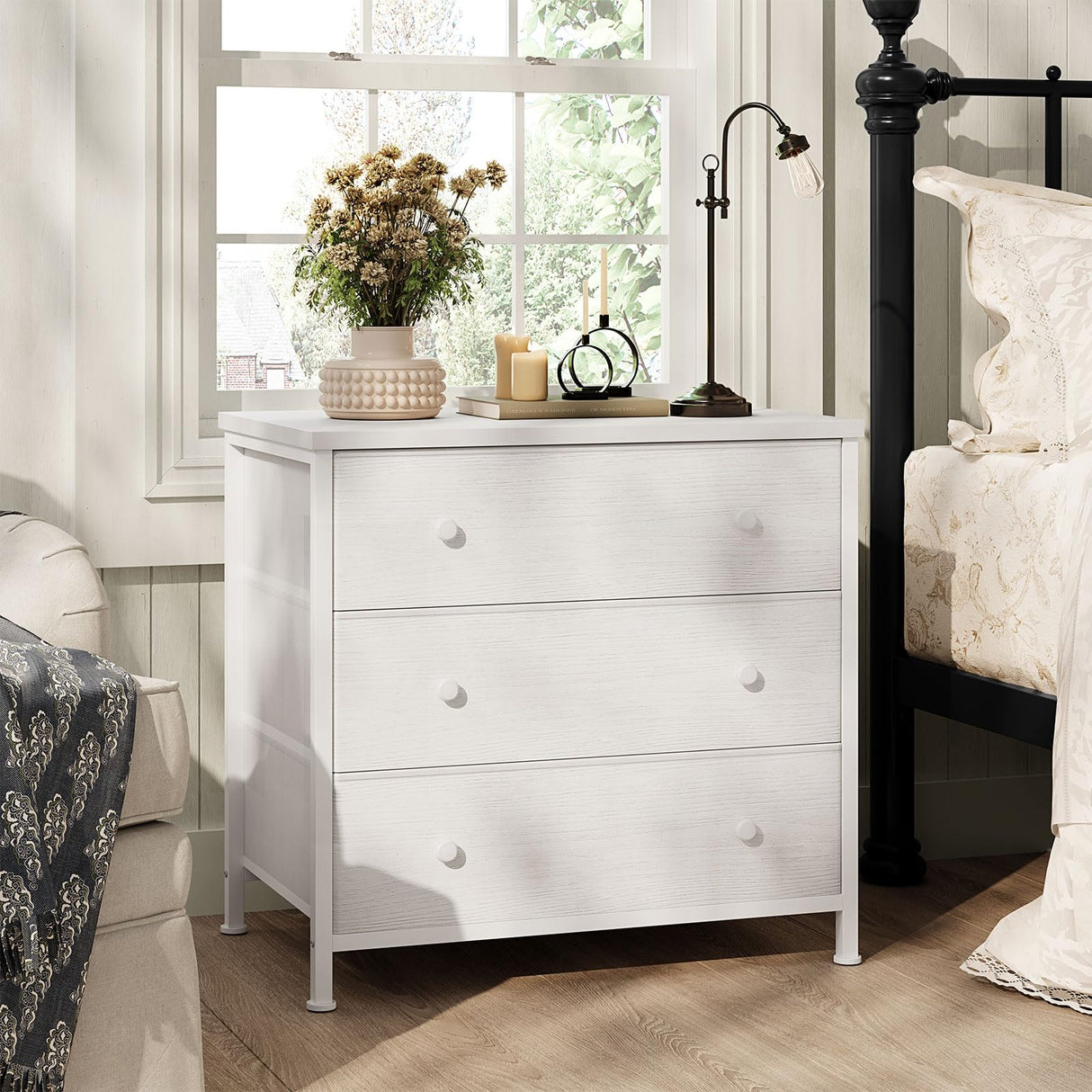 BOLUO White Nightstand with Fabric Drawers, Large Night Stand 3 Drawer Dresser for Bedroom, Closet, Girls Modern BOLUO