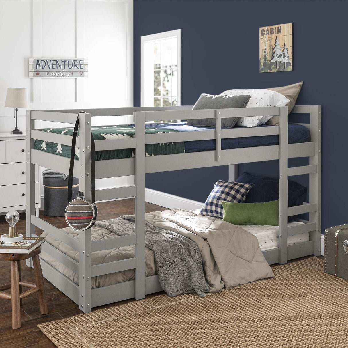 Walker Edison Alexander Classic Solid Wood Stackable Jr Twin over Twin Bunk Bed, Twin over Twin, Grey Walker Edison