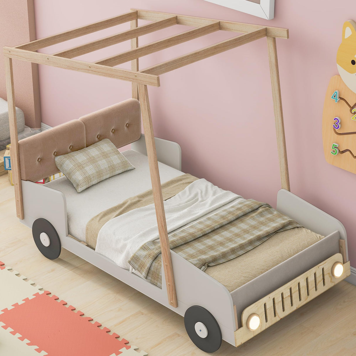 Harper & Bright Designs Twin Size Kids Car Bed with Pillow, Ceiling Cloth and LED Light, Twin Playhouse Bed Frame, Kids Canopy Bed, Wood Twin Platform Bed for Kids Boys Girls Teens (Natural, Twin) Harper & Bright Designs