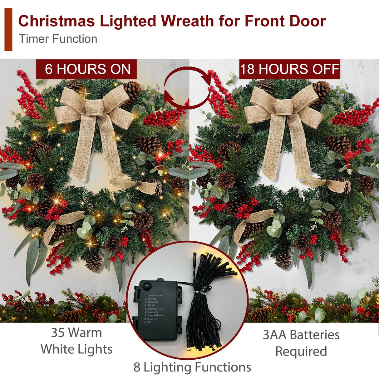 Christmas Lighted Wreath for Front Door, 28 Inches Pre-Lit 35 LED Lights, Natural Pine Cones Artificial Holiday Wreath for Indoor Outdoor Home Decorations BAYN