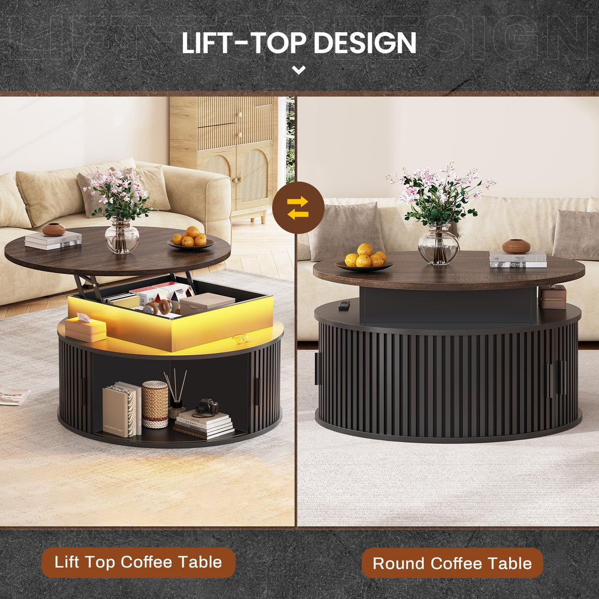 Itaar 31.5" Lift Top Coffee Table, 3-Tier Round Coffee Table with Storage, Fluted Coffee Tables for Living Room with Sliding Cabinet Door, LED Center Table, Black Itaar