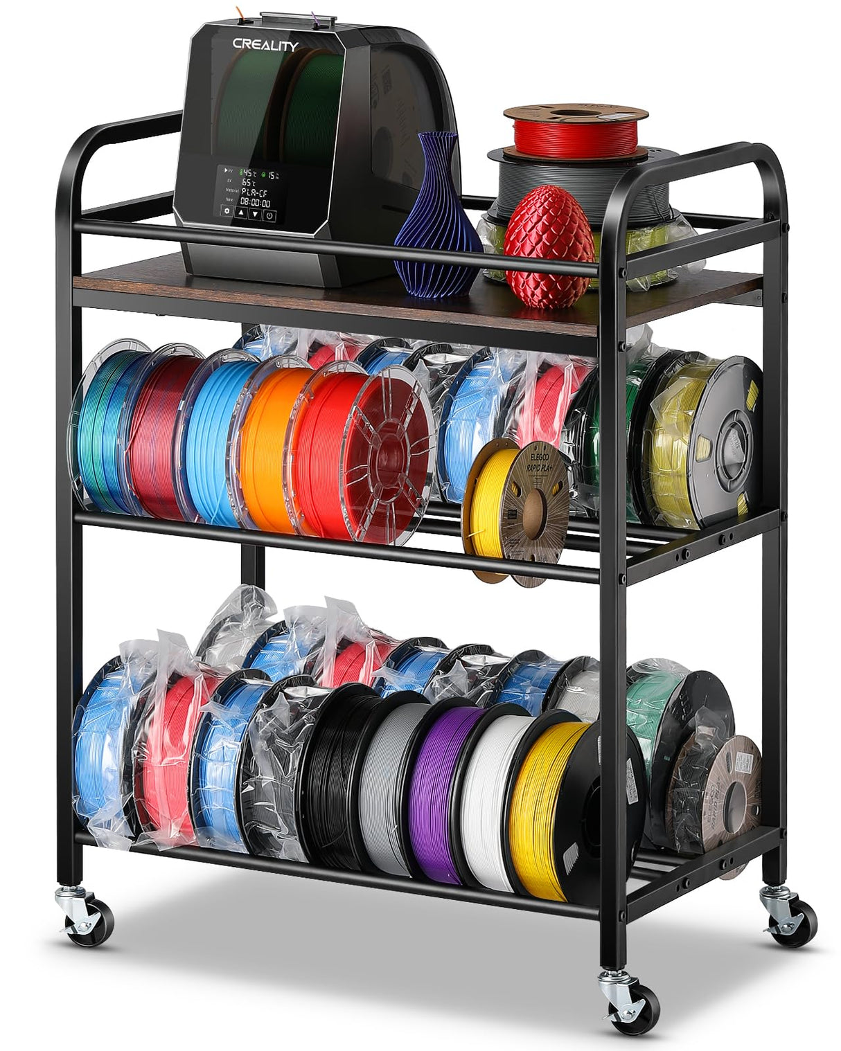 3D Printer Filament Storage Rack- Rolling Filament Spool Holders Racks with Wheels, Heavy Duty Metal Shelf for PLA/ABS/TPU/Nylon, Filaments Organzied for 3D Printing Studio, Office Workshop (Brown) Rackgolfic