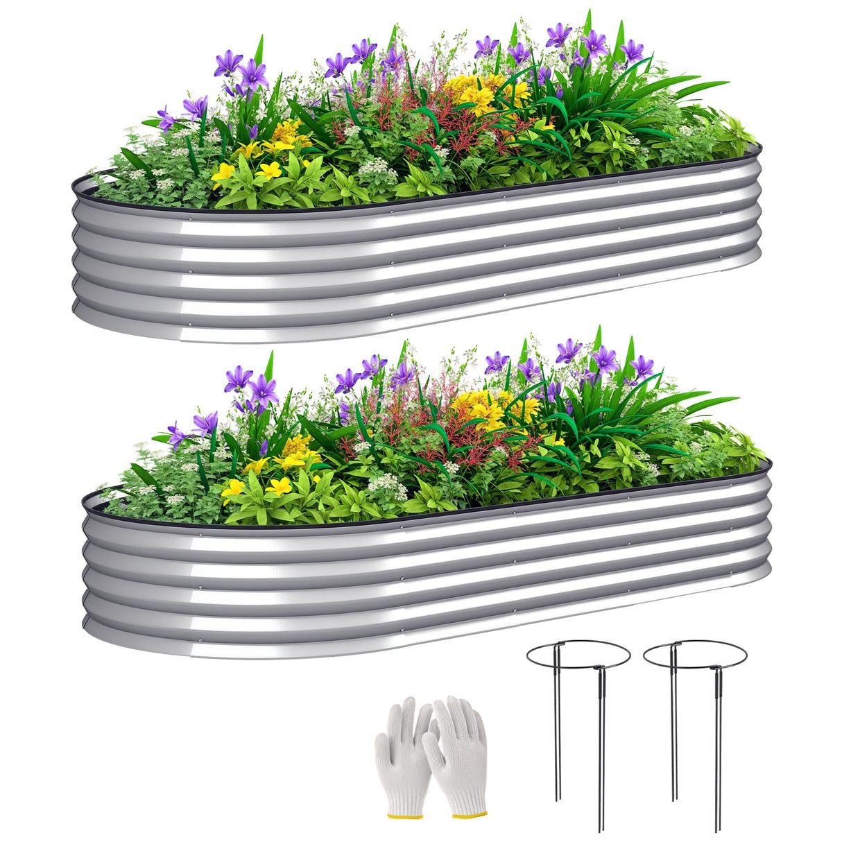 Outsunny 2PCS Galvanized Raised Garden Bed, 7' x 3' x 1' Raised Beds for Gardening with Plant Support Stakes, Rubber Strap Edging and Gloves, Metal Planter Box for Vegetables, Flowers, Silver Outsunny