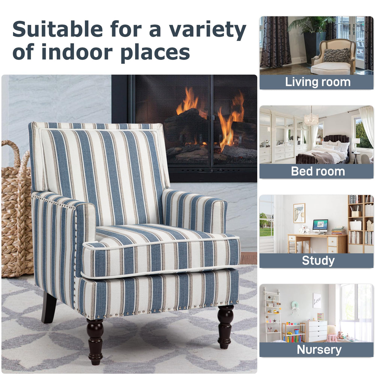 WakeZero Accent Chair, Modern Comfy Mid-Century Accent Chairs,Linen Upholstered Lounge Arm Chair with Solid Wood Reading Side Padded Single Sofa for Living Room/Office/Balcony/Bedroom-Blue Stripe WakeZero