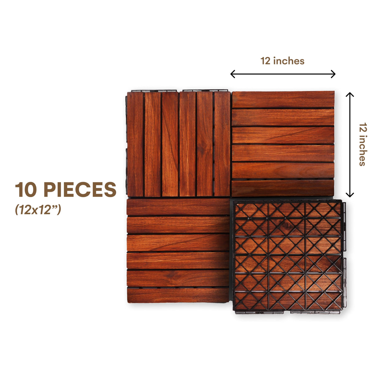 flybold Acacia Wood Patio Flooring Interlocking Deck Tiles (Pack of 10, 12" x 12") Waterproof UV Protected All Weather Tile for Composite Decking Dance Floor for Outdoor Party Balcony flybold