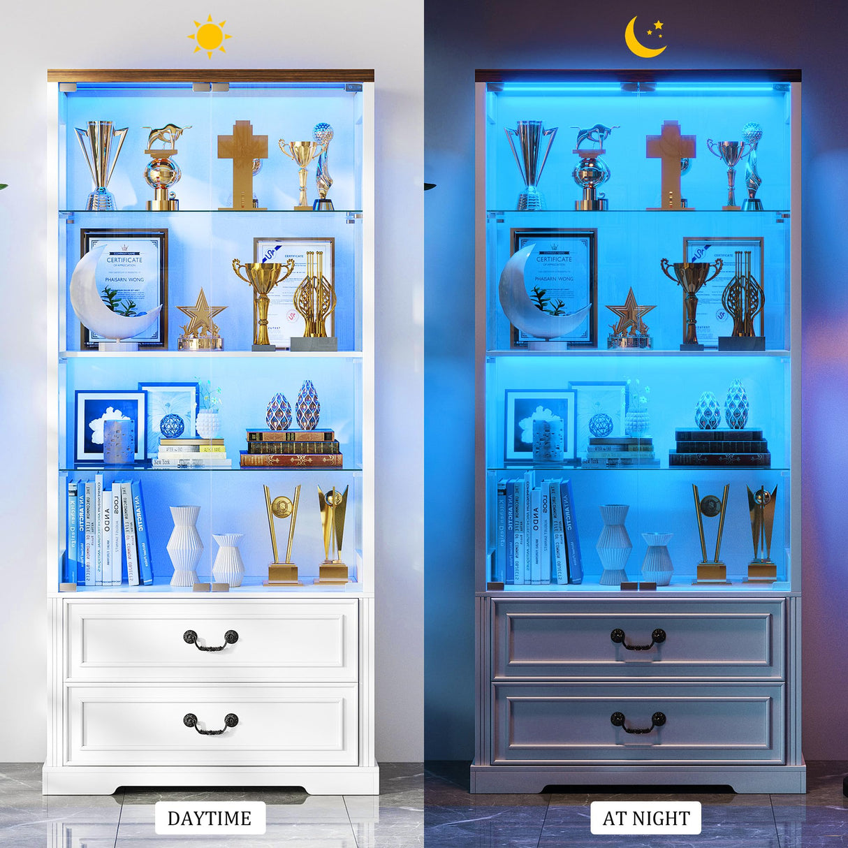 FREDEES Display Cabinet with Glass Doors,67" Adjustable Display Shelf with 2 Drawers and 4 Tier Curio Cabinet,Tall Bookcase with 3 Color Lights and Human Body Sensor for Toys,Books(White) FREDEES