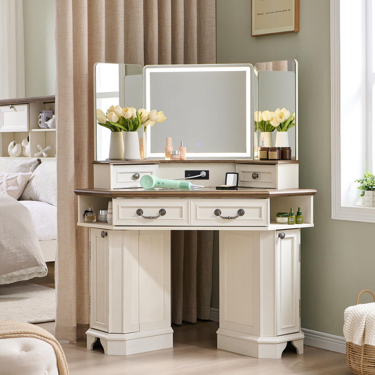 T4TREAM Makeup Vanity Desk 48" with 3 Way Mirror and Lights, Large Farmhouse Corner Vanity Dressing Table with Glass Top & Charging Station, 3 Drawers & 2 Storage Cabinets for Bedroom, Antique White T4TREAM