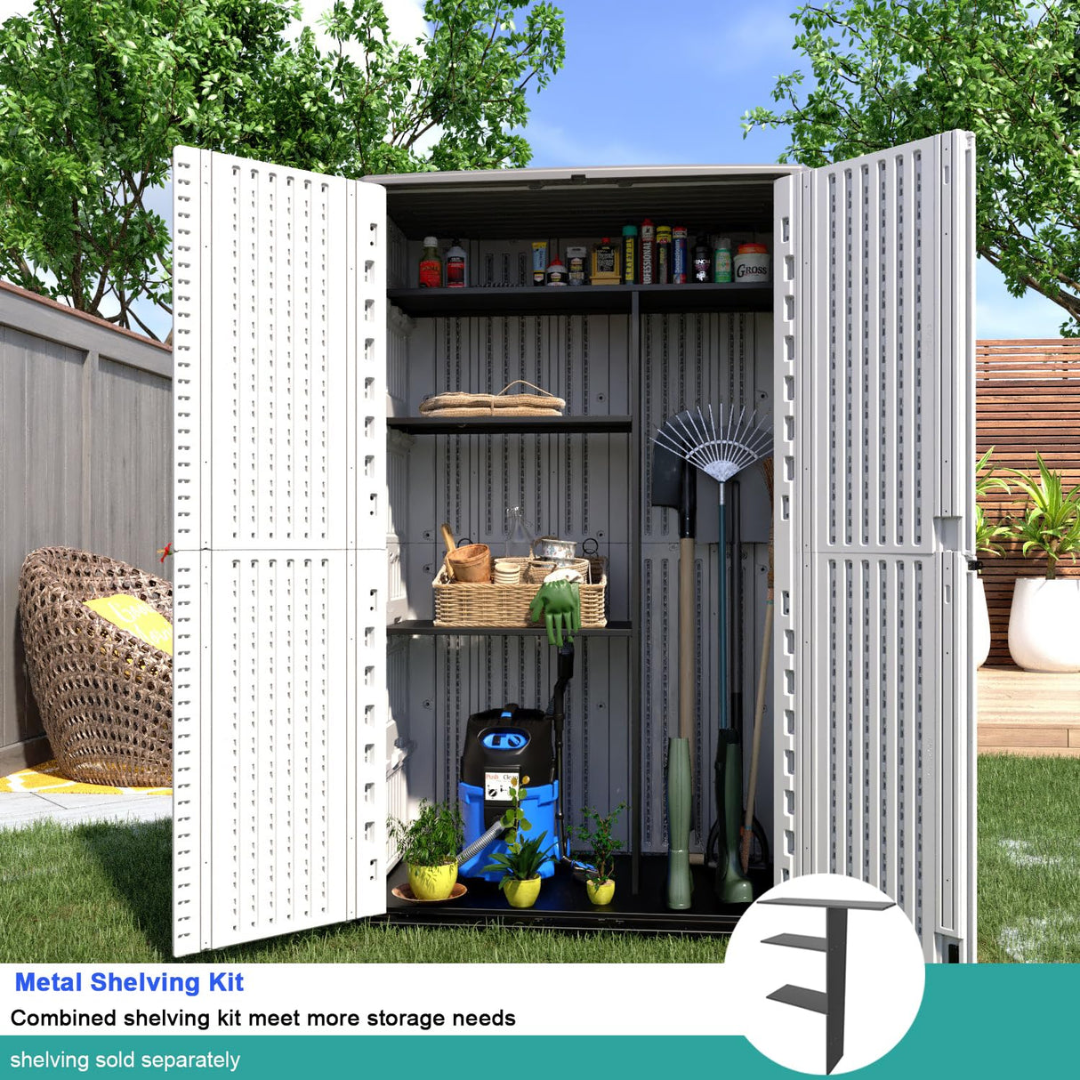 KINYING Outdoor Storage Cabinet Waterproof, Resin Vertical Outdoor Storage Shed for Patio Furniture, Garden Tools, Pool Accessories, Mower Storage (66 Cu.ft, Off White) KINYING