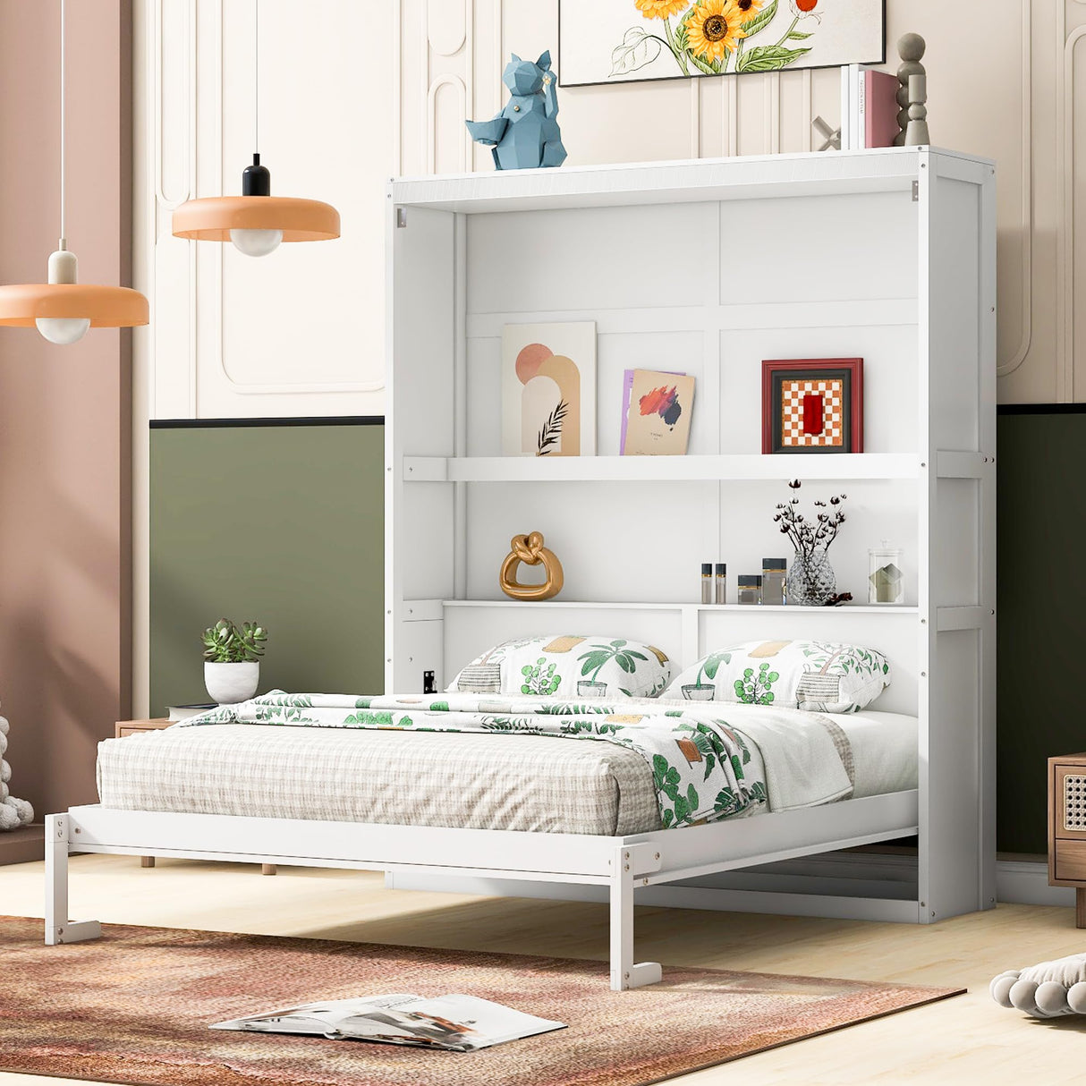 Merax Queen Size Murphy Bed, Wood Queen Murphy Cabinet Bed with Shelves, for Home Office or Small Room, White Merax