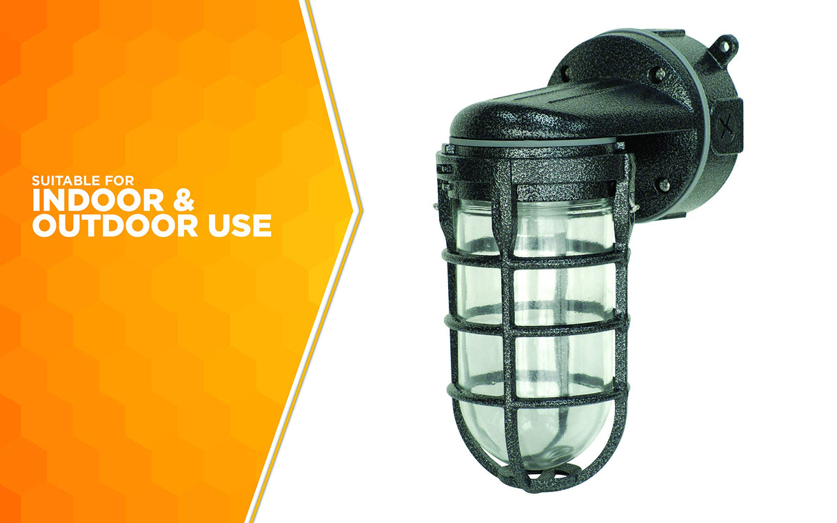 Woods L1707SVBLK Wall Mount Light in Hammered Black Finish Sturdy Die Cast Aluminum Cage; 100 Watt Incandescent; Industrial Design; Suitable for Indoor and Outdoor Use Woods