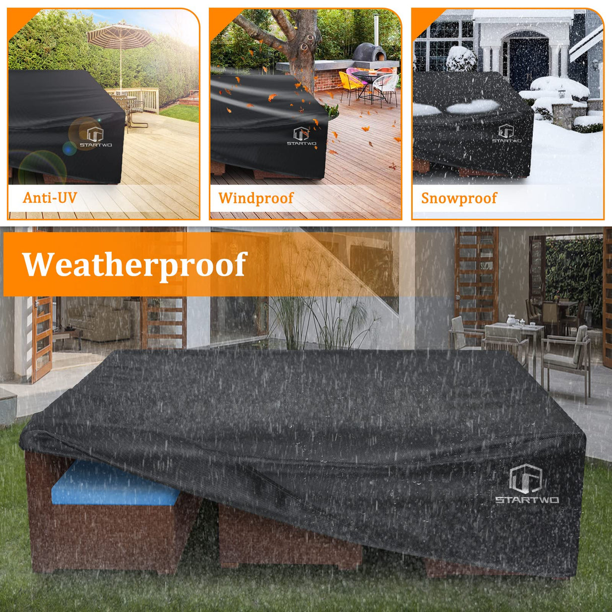 STARTWO Patio Furniture Covers Waterproof, Anti-UV Tear-Resistant 500D Heavy Duty 7-12 Seats Outdoor Furniture Cover for Sectional Sofa, Patio Table Cover, 98"x78"x28", Black STARTWO