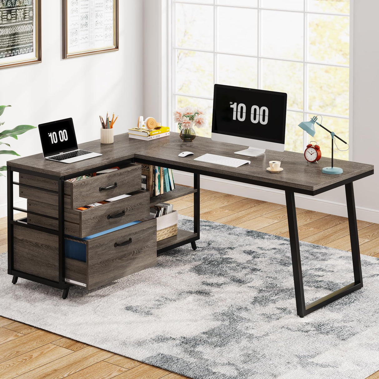 Tribesigns L-Shaped Desk with 3 Drawers, Reversible Corner Home Office Computer Desk with Shelves, 53-Inch Industrial PC Desk Study Writing Table Workstation for Small Space, Grey Tribesigns