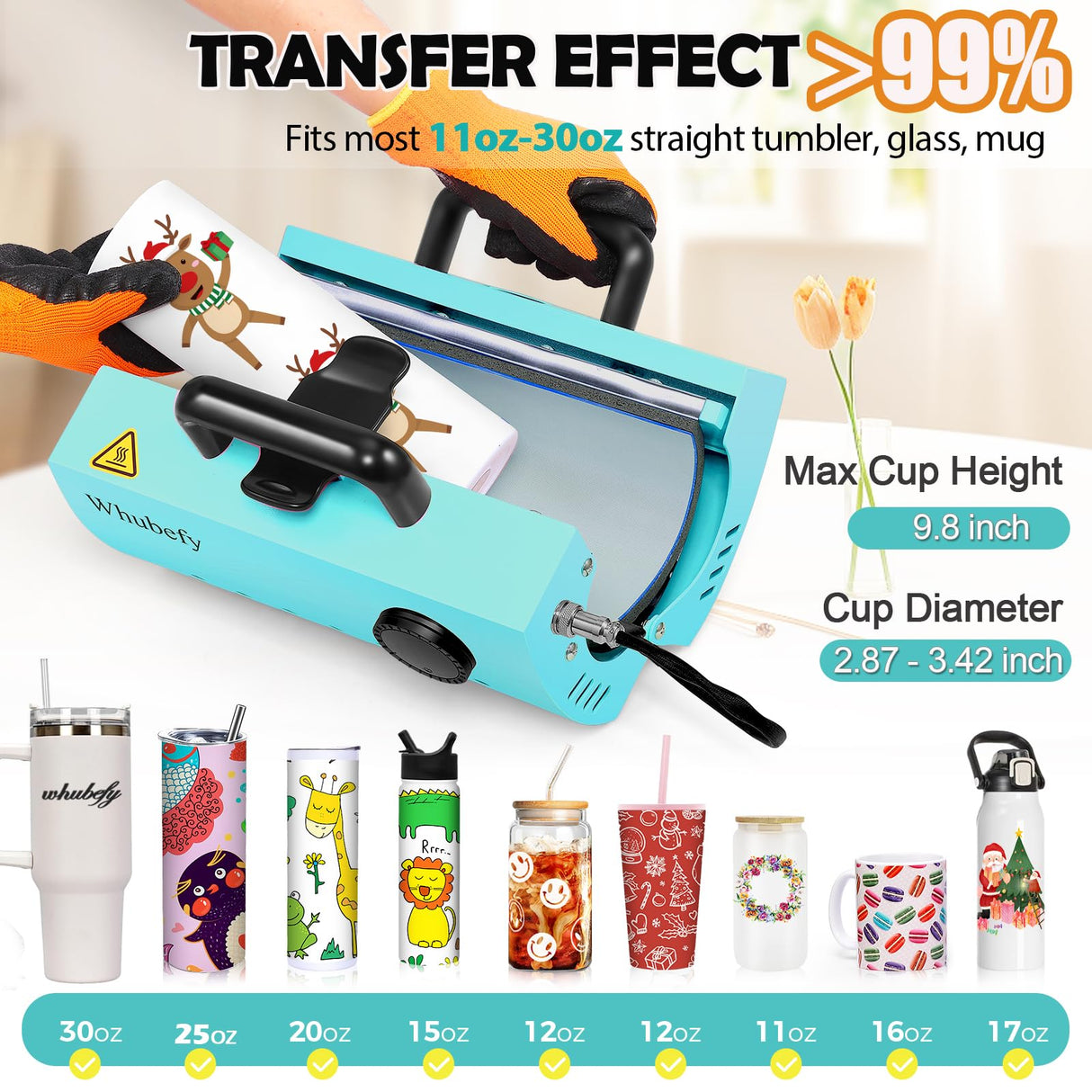 11-30 OZ Tumbler Heat Press Machine, Mug Heat Press DIY Sublimation for 11OZ 16OZ 20OZ Skinny Tumblers Glass/Ceramic/Aluminium Mug Coffee Cup 2.87-3.42in,Blue Cup Press with 20 Heat Papers/Tape/Gloves Whubefy