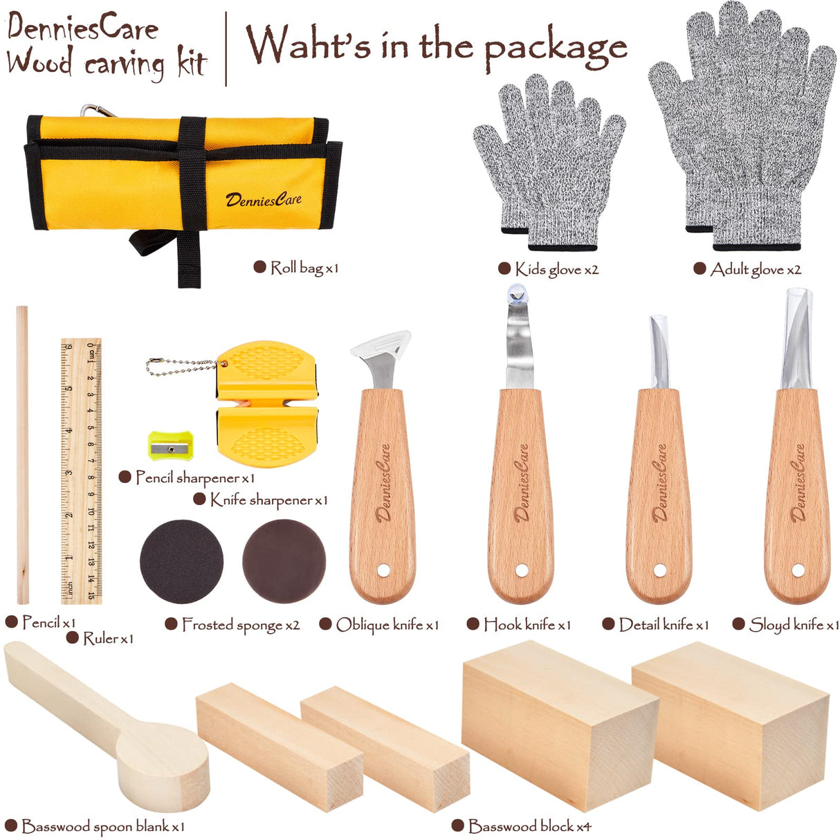 DenniesCare Wood Carving Kit Wood Whittling Kit for beginners 20pcs Wood Carving Tools with 4pcs carving knife, Basswood Wood Blocks, Gloves, Storage Bag, Frosted Sponge, Gifts Set DenniesCare