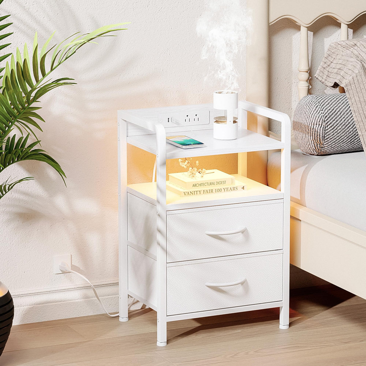Night Stand Bedside Table Bedroom - Nightstand with Charging Station & LED Light Strip, Bed Side Table with Storage Shelf & 2 Fabric Drawers, Morden White End Table with U-S-B Ports & AC Outlets Lazzanto