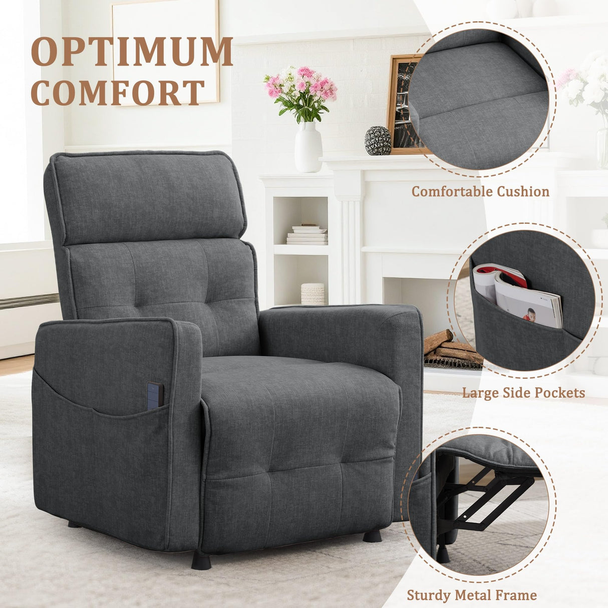 Korser Power Recliner Chair, Electric Recliner Chairs for Adults, Comfy Recliners for Living Room, Cashmere Reclining Chair with One-Touch Adjustment & Side Pockets for Reading, Bedroom, Lounge, Grey Korser