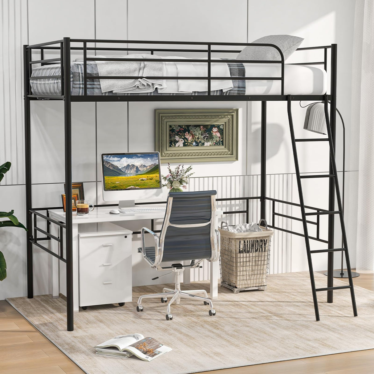 Giantex Twin Size Loft Bed, Metal Loft Bed Frame with Ladder & Safety Guardrail, Space-Saving with Ample Space Underneath, for Teens Junior and Adults, No Box Spring Need, Black Giantex