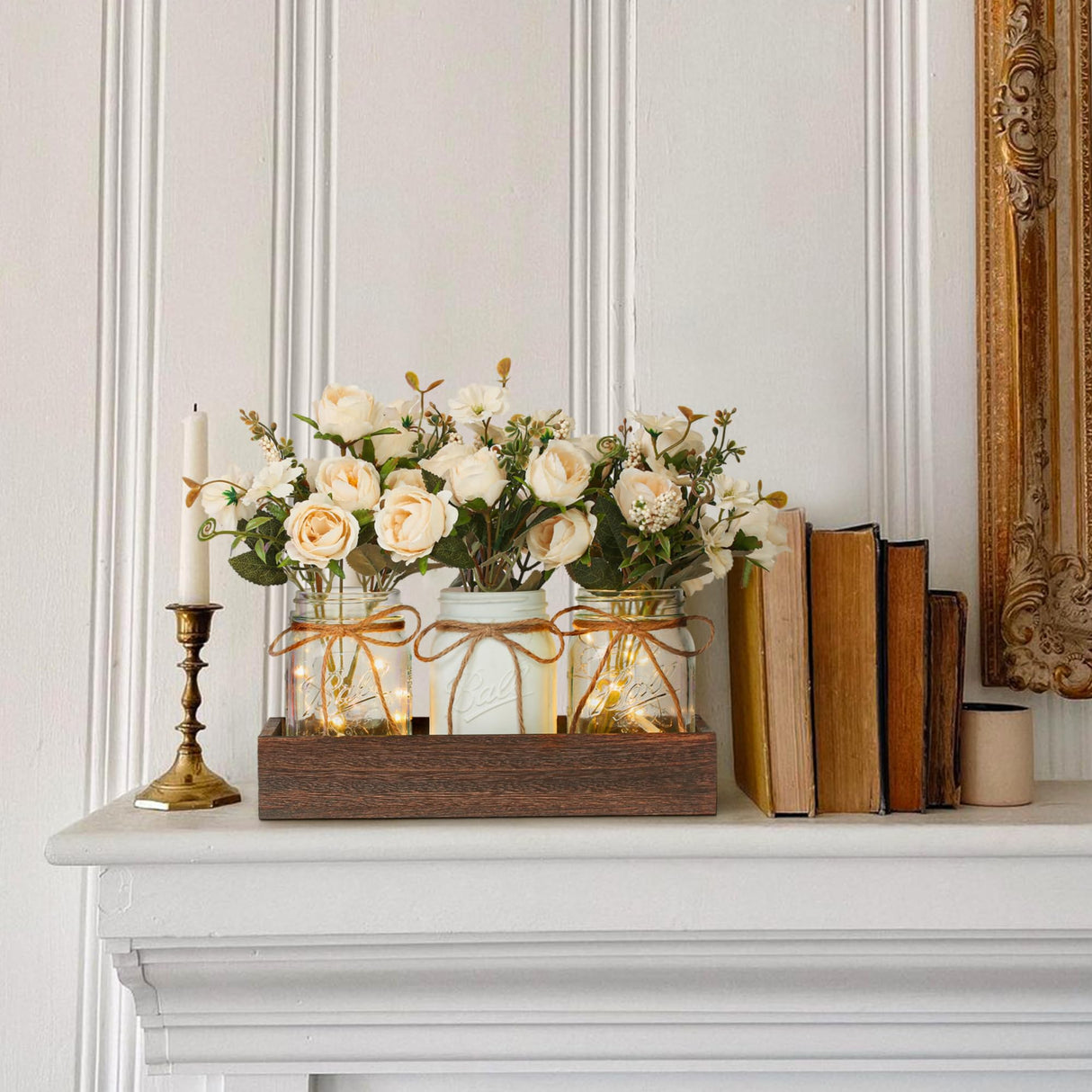 DUOER 3 Pcs Mason Jar Centerpiece Table Decorations for Dining Table Decor Farmhouse Coffee Table Decor with Wood Tray and Led Light Table Centerpieces for Dining room Kitchen Living Bathroom,White DUOER