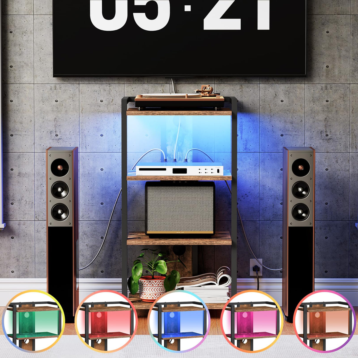 HOOBRO 4-Tier AV Media Stand, Media Console with Charging Station and LED Light Strip, Entertainment Device Stand, Game Console, Record Player, Media Accessories, Rustic Brown and Black BF38UDCJ01 HOOBRO