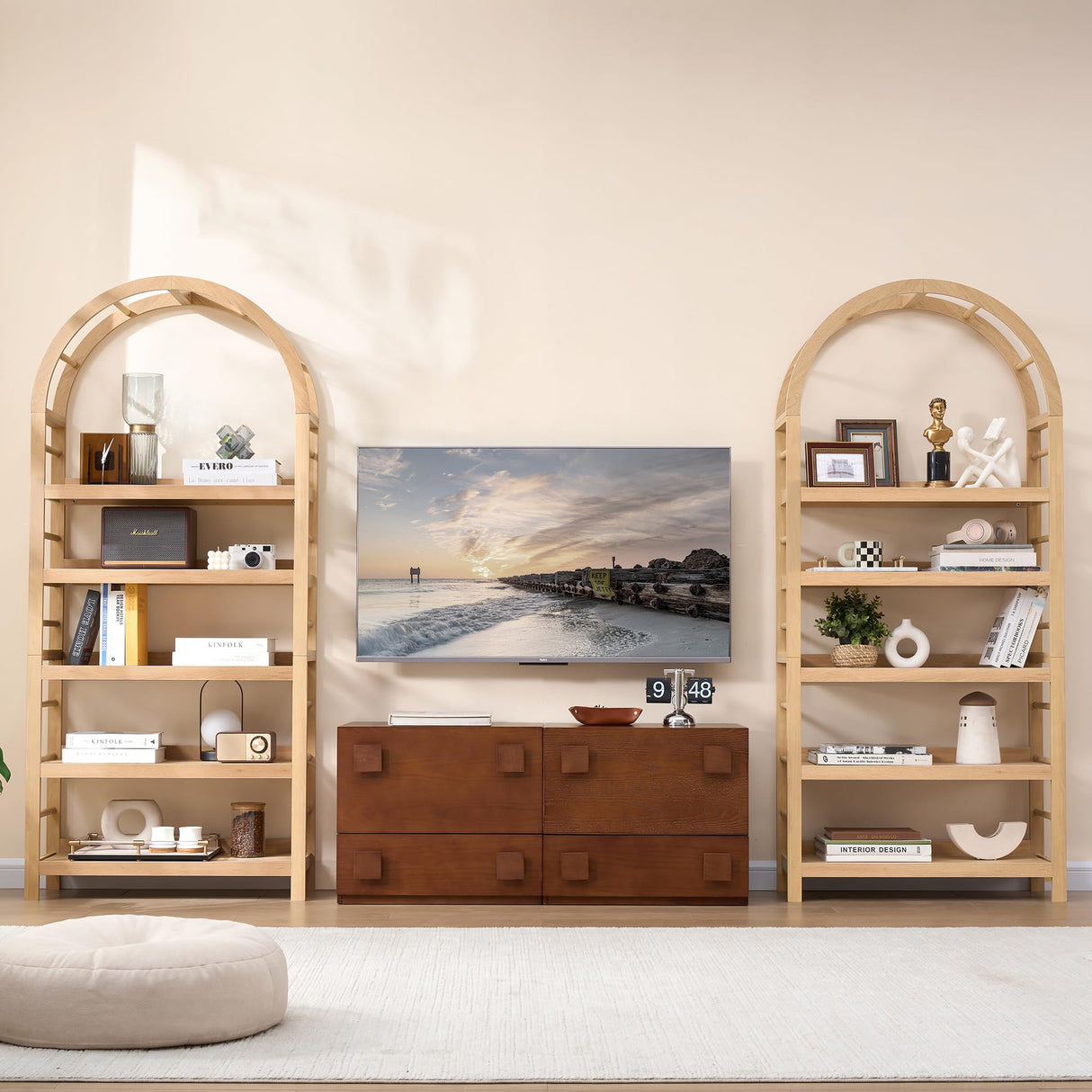 YUCHIATH 5-Tier Solid Wood Open Bookcase, Modern Arched Bookshelf, Home Office Shelf Storage Organizer, Storage Display Rack Shelf for Living Room (Natural) YUCHIATH