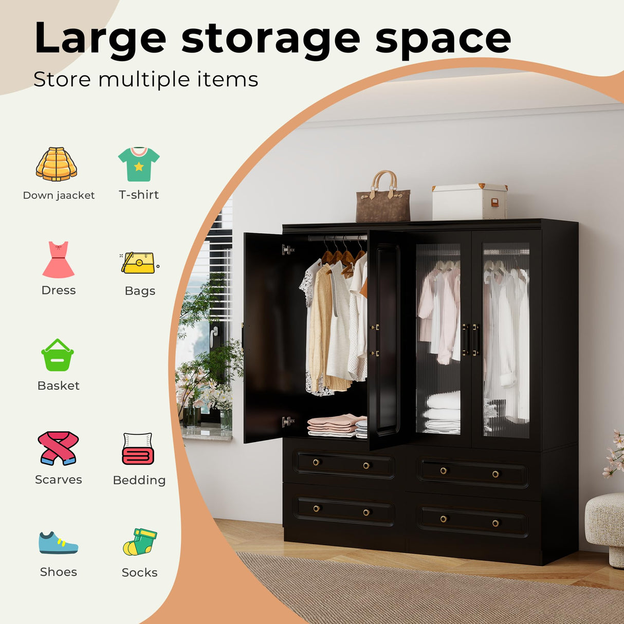 GraceGrove Armoire Wardrobe Closet with 4 Glass Doors and 4 Drawers, Armoire with Hanging Rods, Wood Armoire Closet Cabinet with Large Storage, Armoires and Wardrobes for Bedroom Black GraceGrove