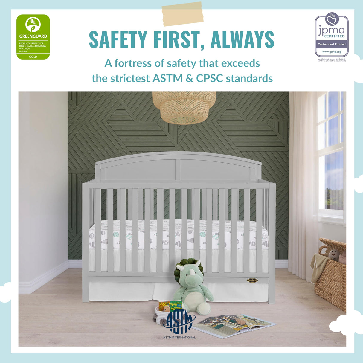 Evolur Dream On Me Storybrooke 5 in 1 Convertible Crib in Pebble Grey, JPMA & Greenguard Gold Certified, Built of Sustainable Pinewood, 3 Mattress Height Settings, Non-Toxic Water-Based Paint Finish Evolur