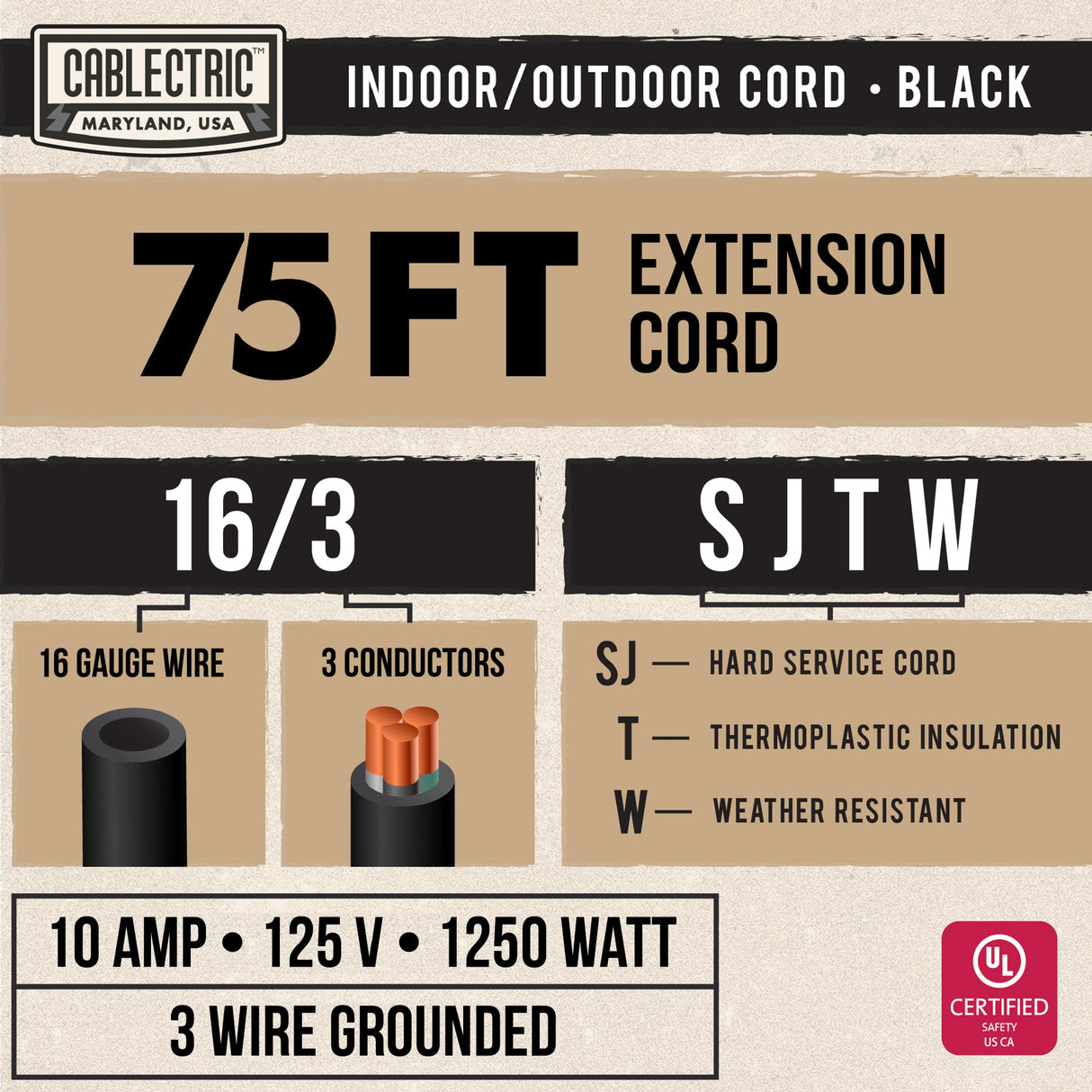 Cablectric Weatherproof Black Extension Cord 75 ft, 16/3 SJTW 75 Foot Outdoor Extension Cord 3 Prong, Heavy Duty Exterior Power Cable Great for Outdoor Lights, Landscaping & Lawn - UL Certified Cablectric