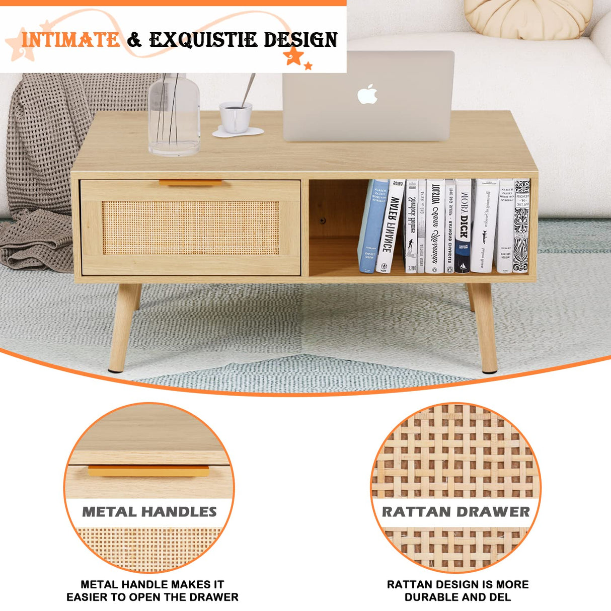 LAZZO Rattan Coffee Table Mid Century Modern Center Rectangular Tables with 2 Drawers and Open Storage Shelf Wooden Small Media Table for Home Living Room,Office Natural Wood LAZZO