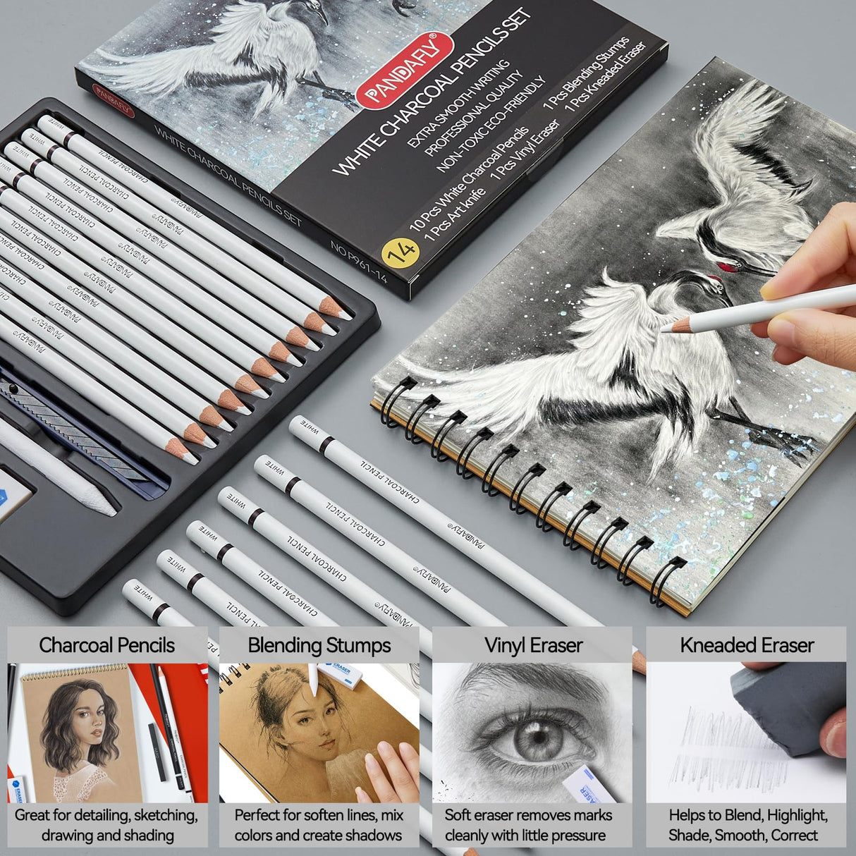 PANDAFLY White Charcoal Pencils Set, Professional 14 Piece Sketch Highlight Charcoal Pencils for Drawing, Sketching, Shading, Blending, White Chalk Pencils for Kid, Beginners & Pro Artists PANDAFLY