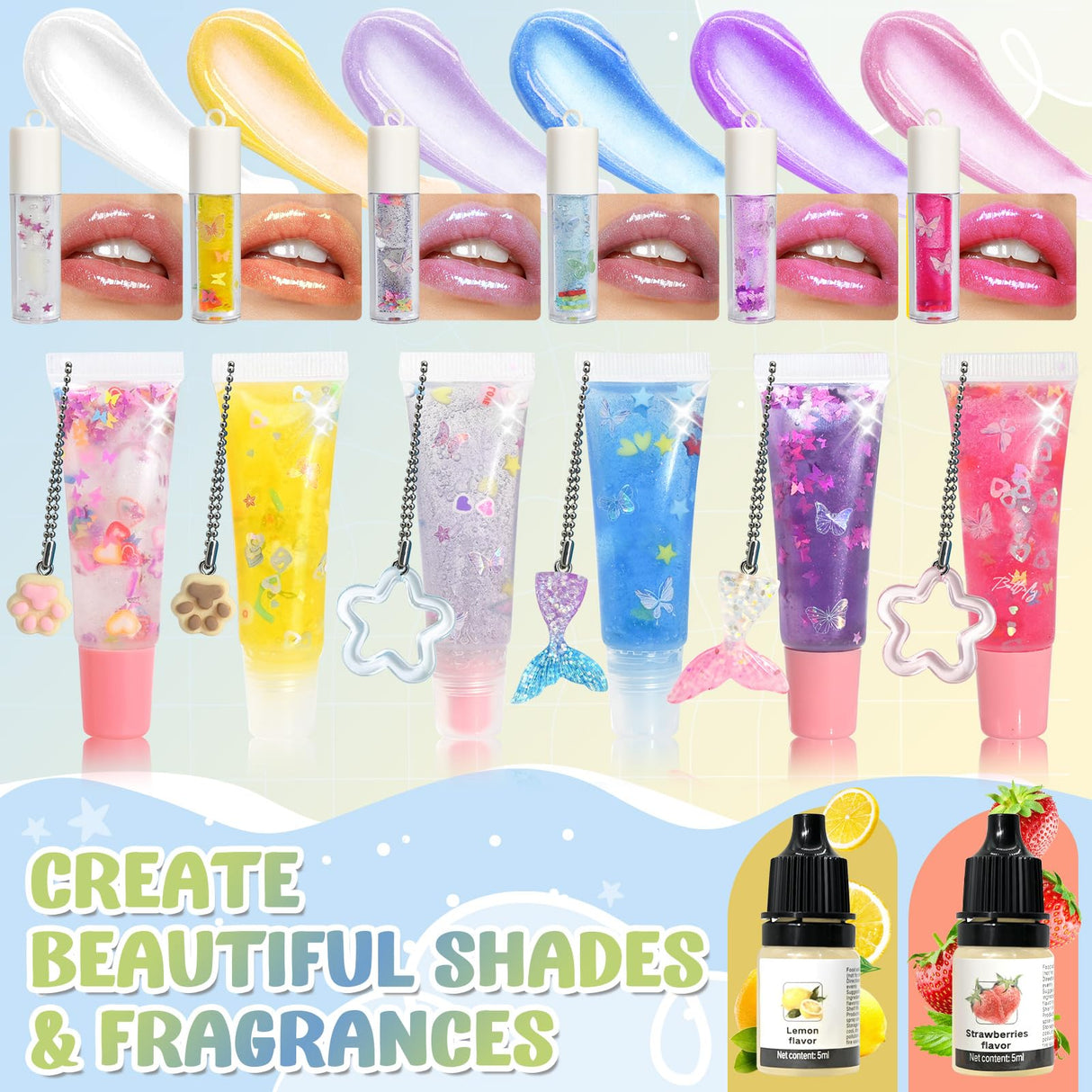 Make Your Own Lip Gloss Kit, JCOOS Lip Gloss Making Kit, 94PCS Fun Keychain DIY Lipgloss Sets for Girls, Flavored Moisturizing Glitter Lip Kit, Kids Lip Gloss, Tween Girls Trendy Stuff Christmas Gifts Jcoos
