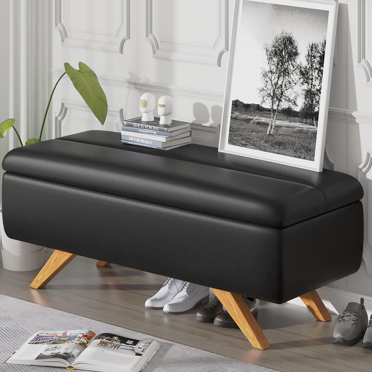 VECELO 44.1" Ottoman with Storage, Storage Ottoman Bench with 2 Gas Spring Lid Supports, PU Leather Upholstery, Solid Wood Legs, Black Shoe Bench for Bedroom, Living Room, Entryway VECELO